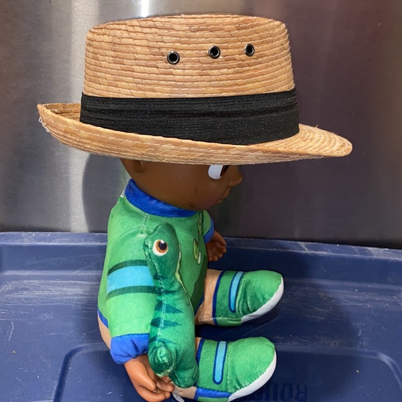 Raffia Baby Fedora Panama Straw Hat black ribbon tan 17” head - Picture 2 of 9